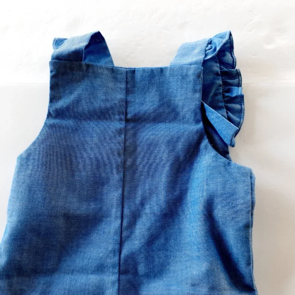 Vintage Girls Romper Overall Chambray Ruffle Maggie Mackall Blue Small 6 Months